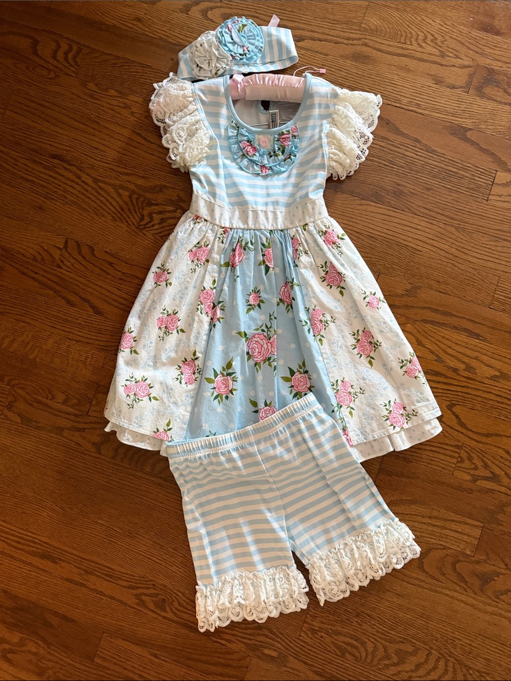 Blue Floral Striped Girls' Set with Lace bloomers and headband